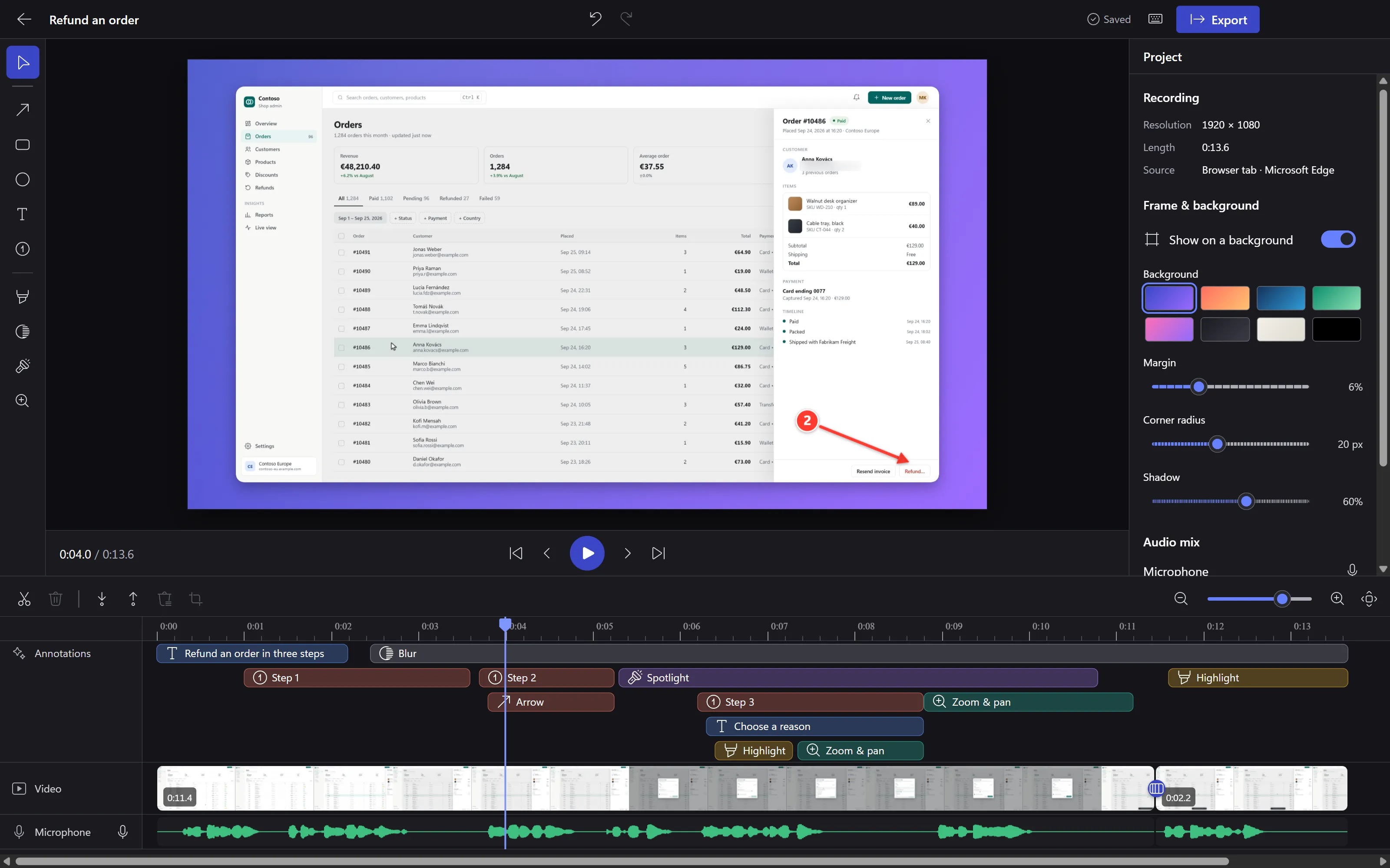 Liveora Studio's editor with nothing selected: the project panel shows Frame and background with the Iris backdrop, margin, corner radius and shadow