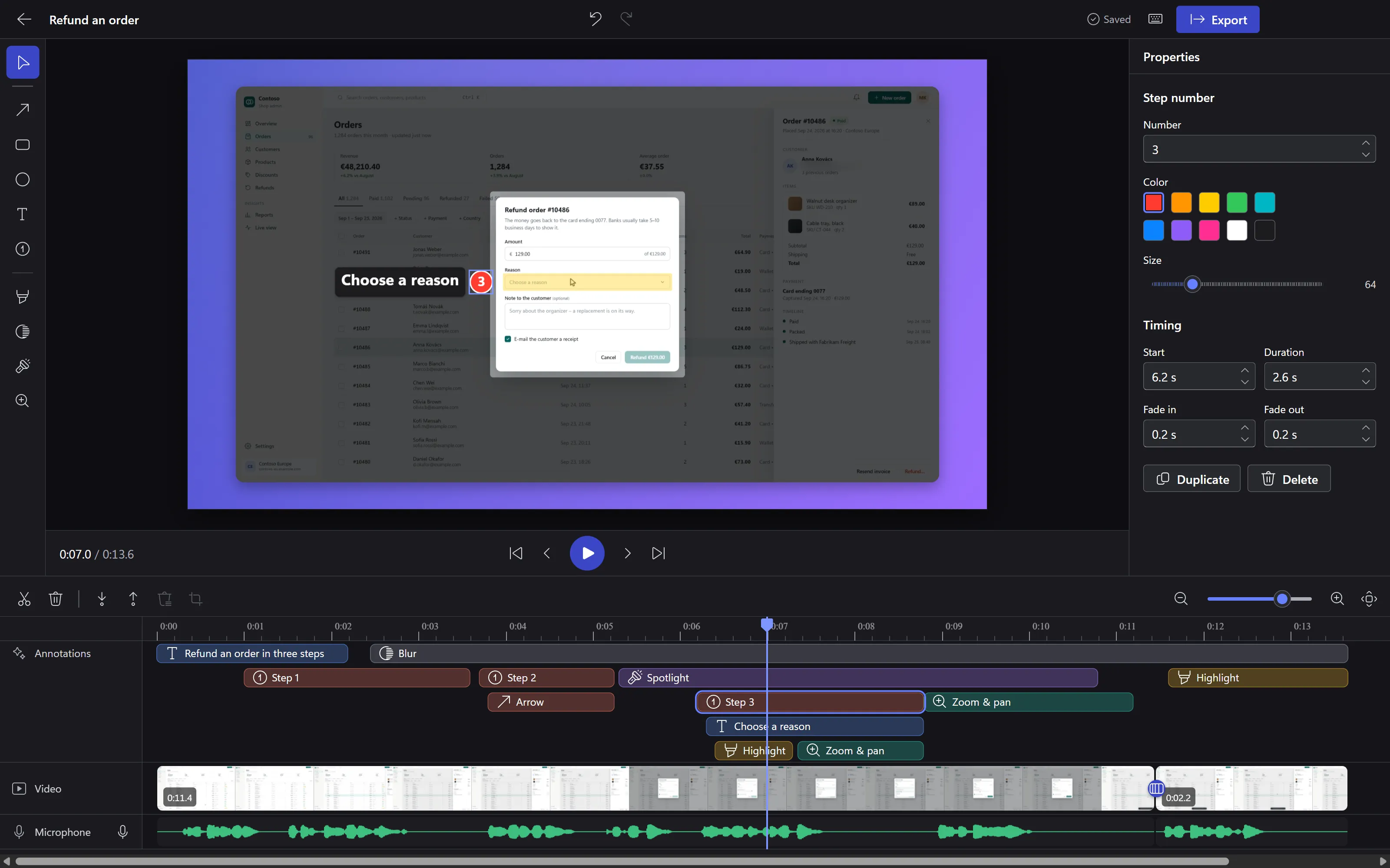 Liveora Studio's editor: a demo shop's refund dialog with a spotlight, step 3 and a callout above a timeline of clips