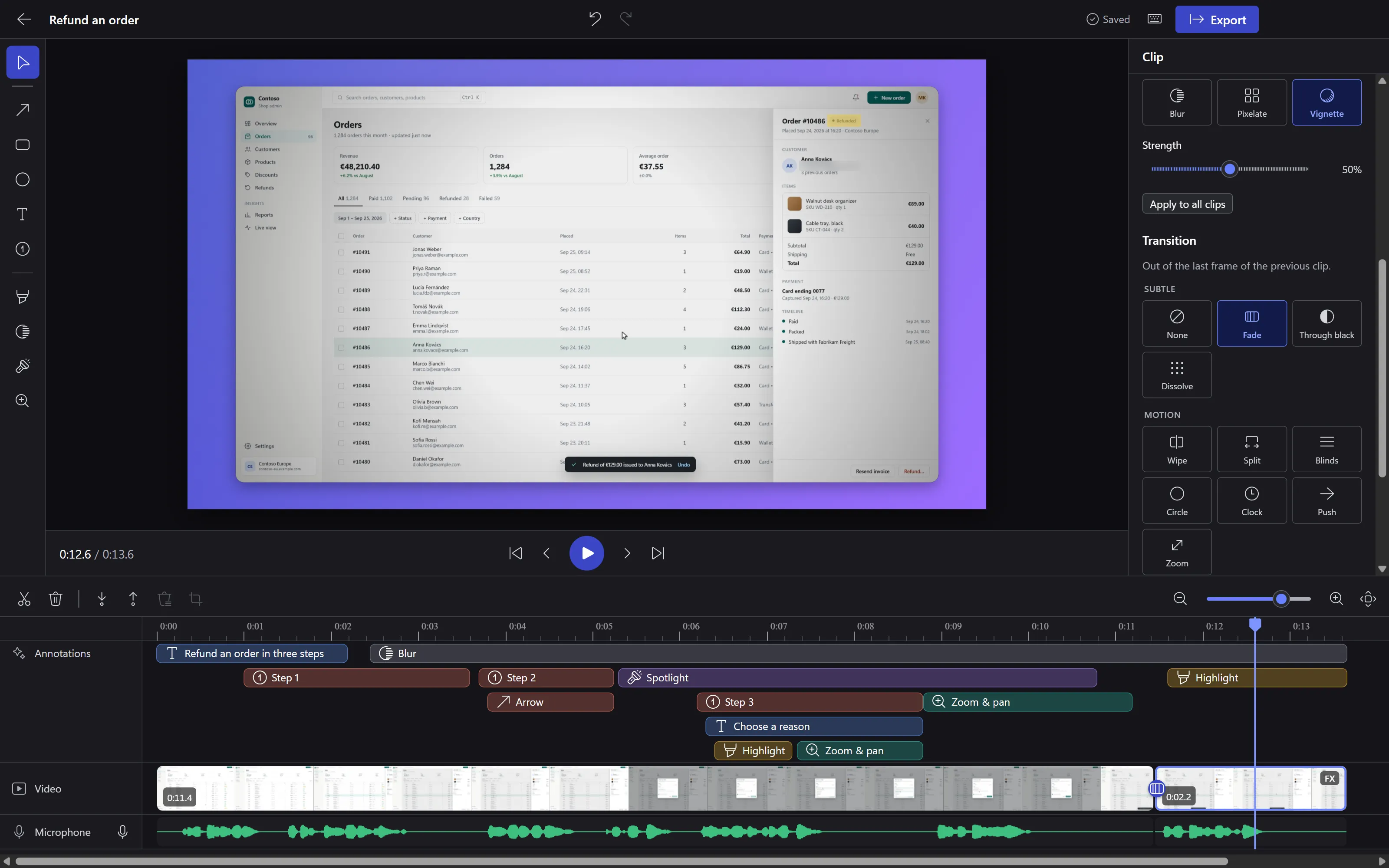 The clip properties: the Focus effects with Vignette selected and its strength slider, and the transition gallery with Fade selected