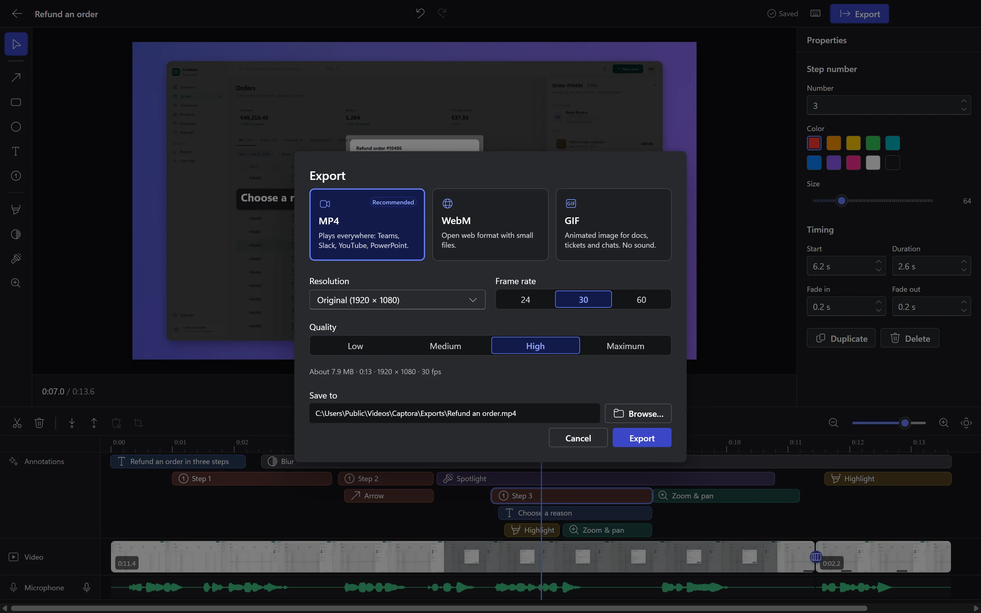 The export dialog: MP4, WebM and GIF cards with MP4 recommended, original 1920×1080 resolution, 30 fps, high quality and an estimate of about 7.9 MB for 13 seconds