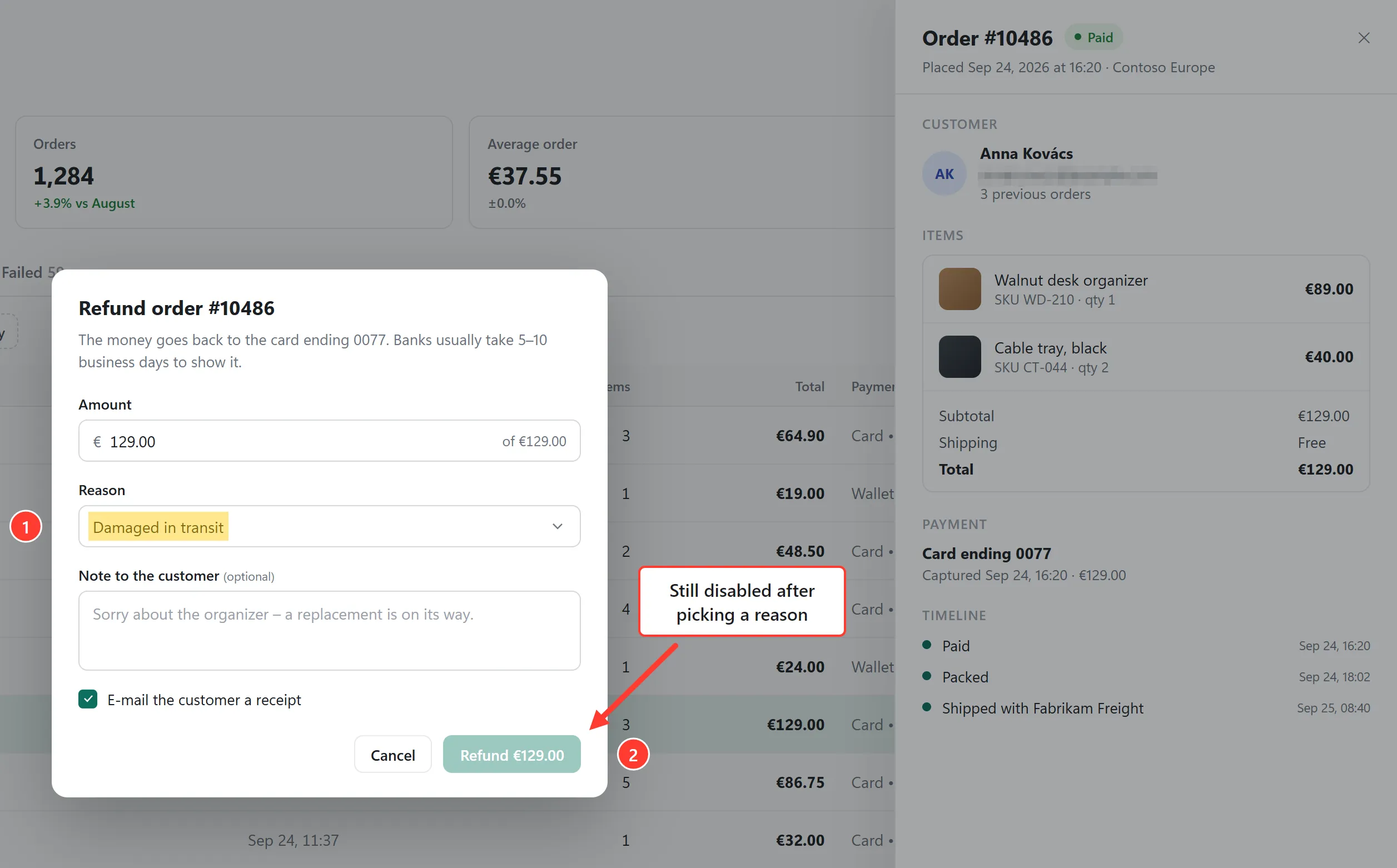 The saved image: the refund dialog with the highlighted reason, steps 1 and 2, the note and the arrow, the e-mail pixelated