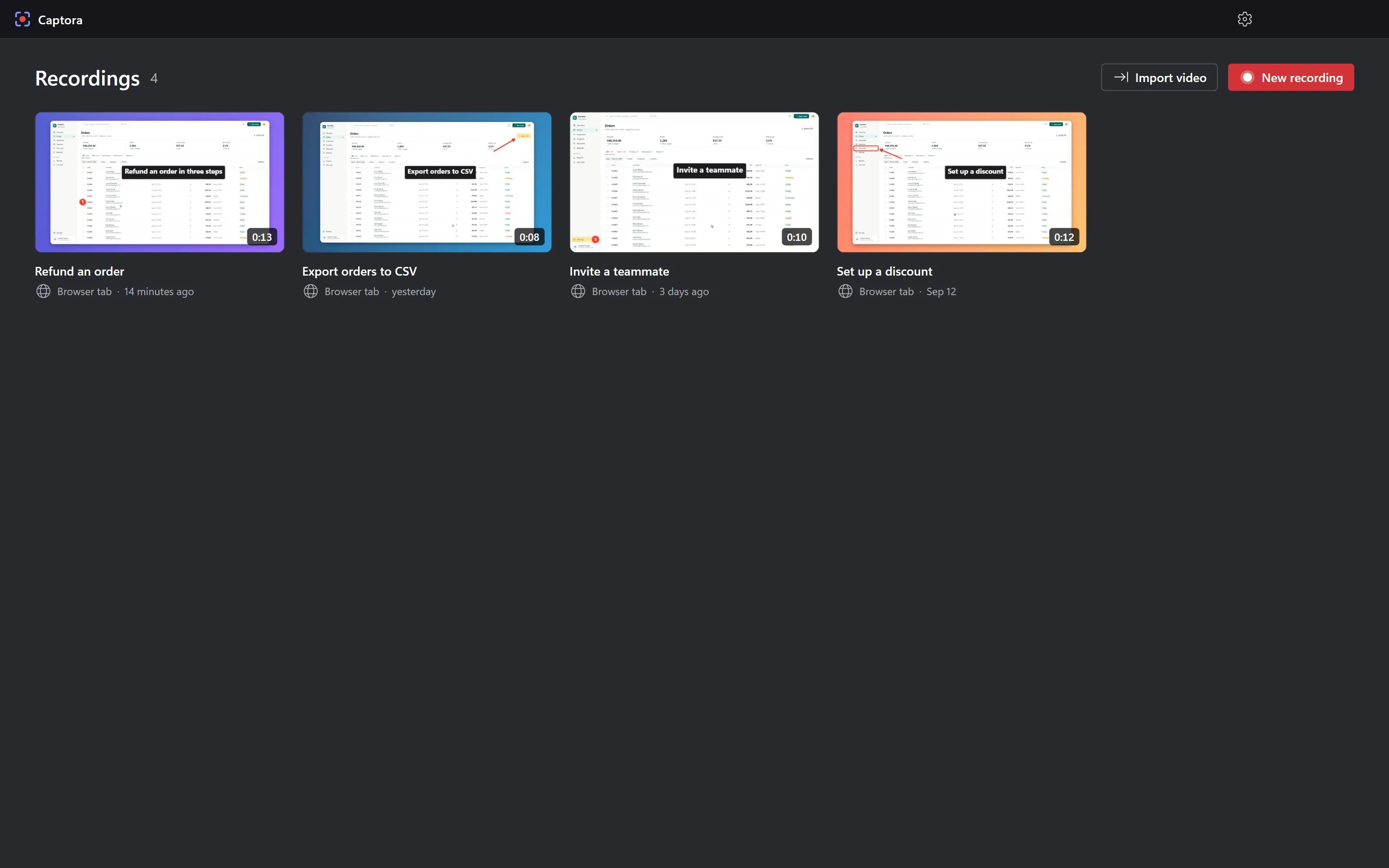 The Recordings page with four projects: Refund an order, Export orders to CSV, Invite a teammate, Set up a discount