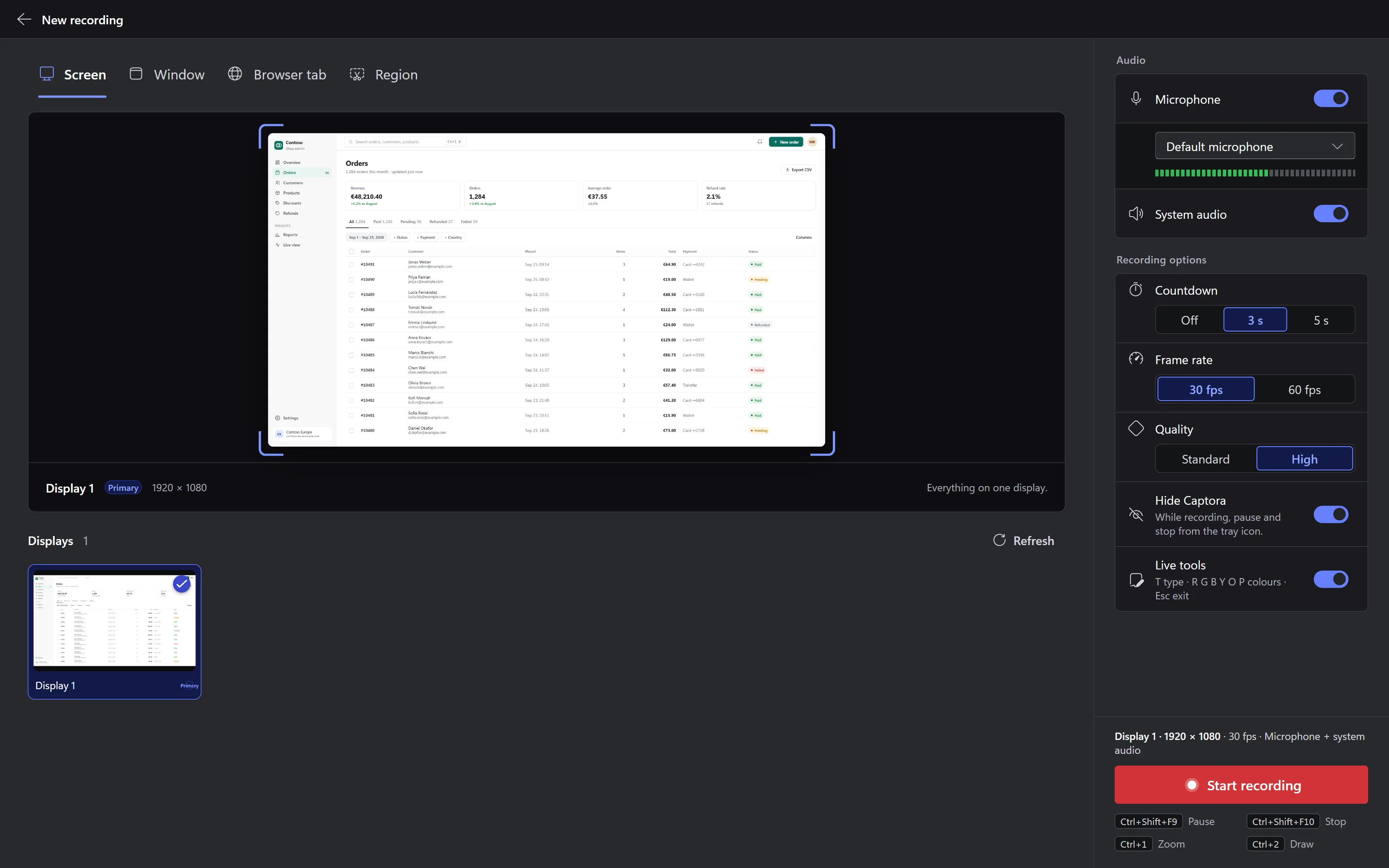 The New recording page: Screen, Window, Browser tab and Region tabs, the selected display previewed in capture brackets, microphone level and the red Start recording button
