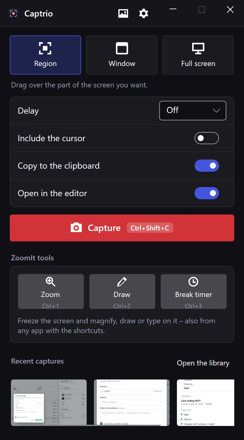 Liveora Snap's capture panel: Region, Window and Full screen, delay and cursor options, the red Capture button with its shortcut, the live tools and recent captures