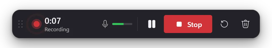 Liveora Studio's recorder bar at 0:07: a record light, the timer, a microphone meter, Pause, a red Stop button, Restart and Discard