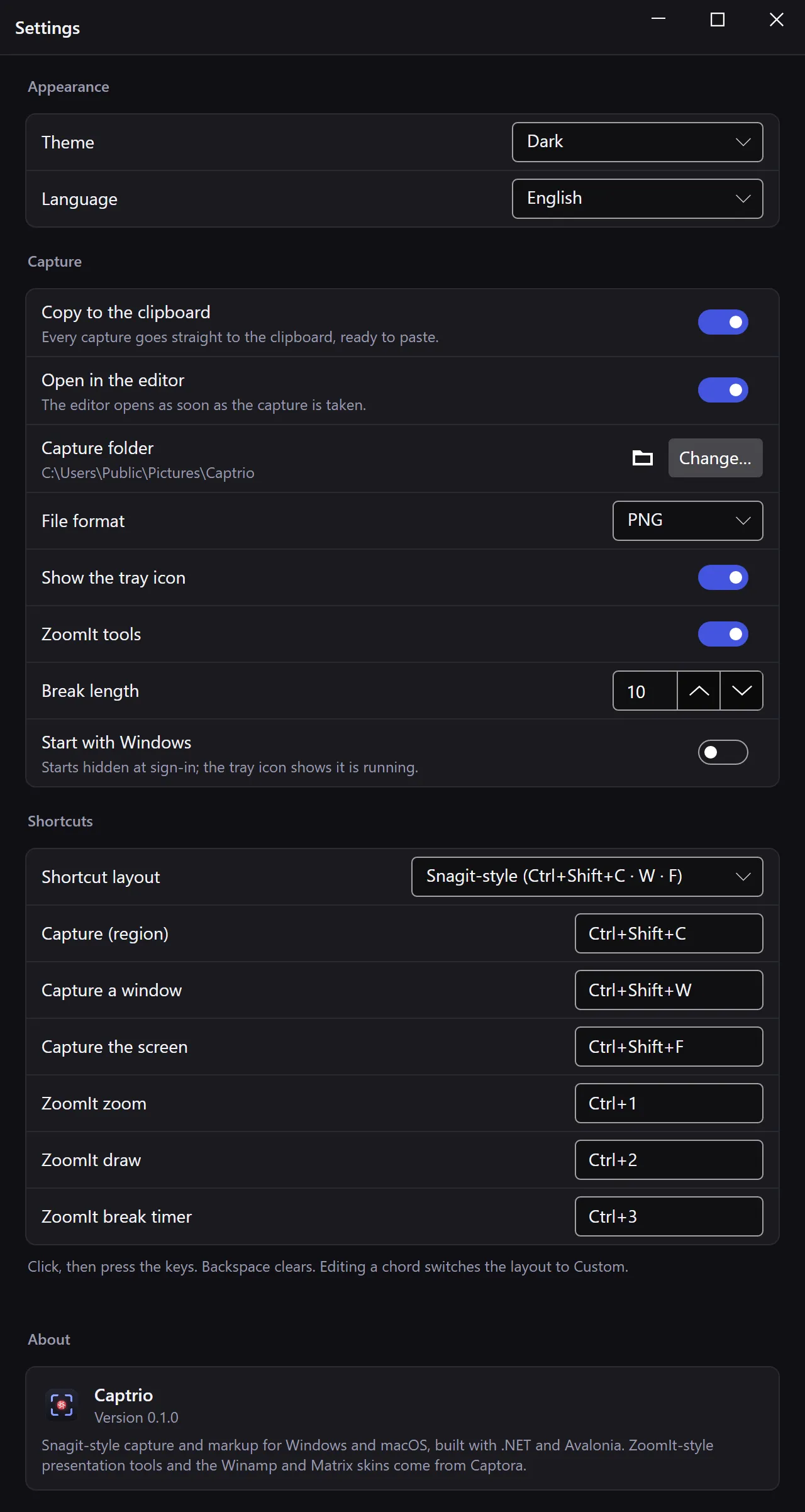 Liveora Snap's settings: theme, language, capture folder, file format, tray icon, live tools, break length, start with Windows, shortcut layout and the three capture shortcuts