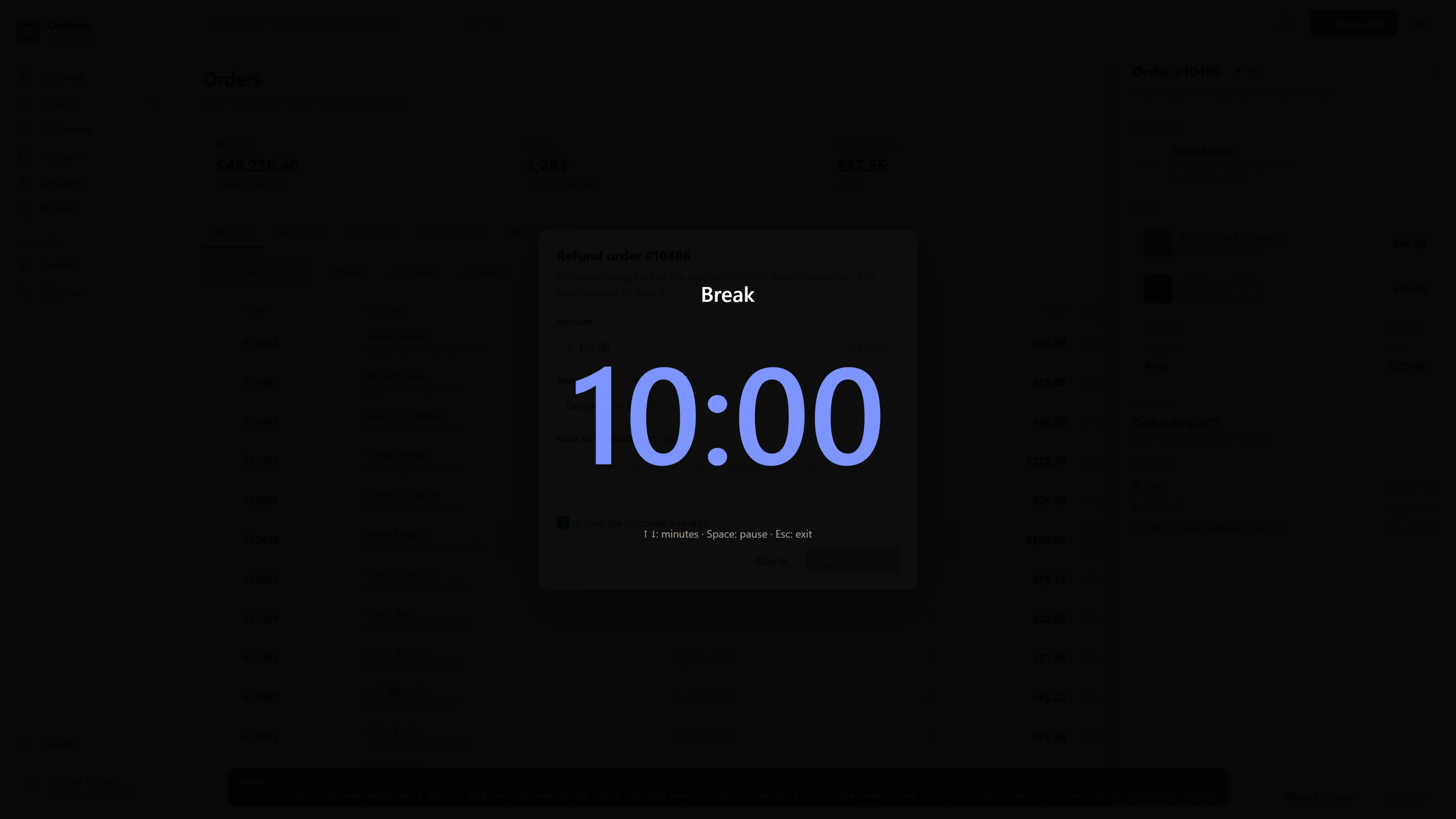 The break timer: a large countdown over the desktop
